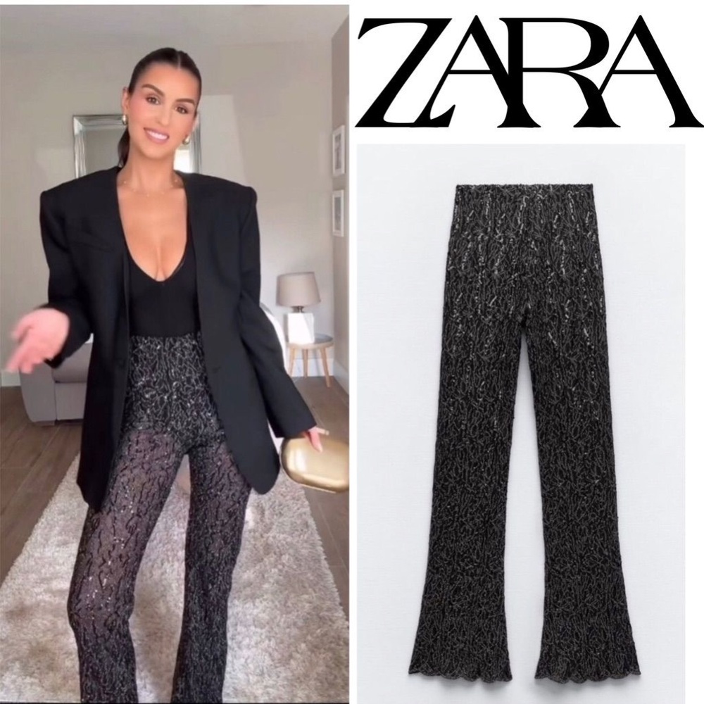 Zara Women's Elegant Black Lace Flare Pants